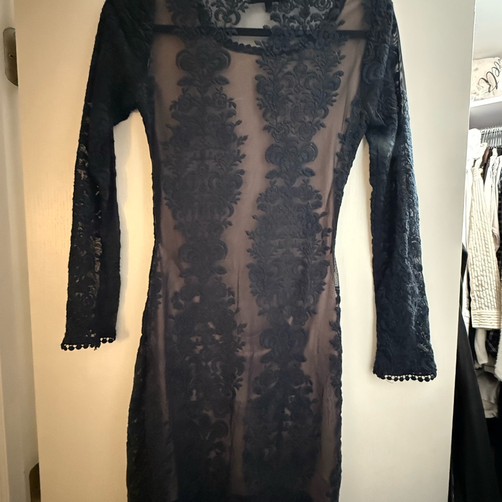 Olivaceous (Vici Collection) Navy Lace Long Sleeve Dress with nude lining